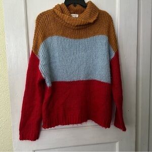 Roolee Oversized Fuzzy Color Block Turtleneck Long Sleeve Sweater Top